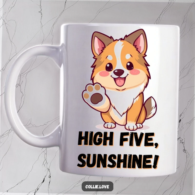 Funny Kawaii Collie Mug, a friendly dog offering its paw with a big smile.