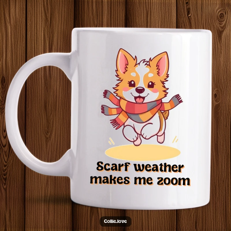 Funny Kawaii Collie mug showing a cute dog wearing a colorful scarf, running with evident joy and enthusiasm.