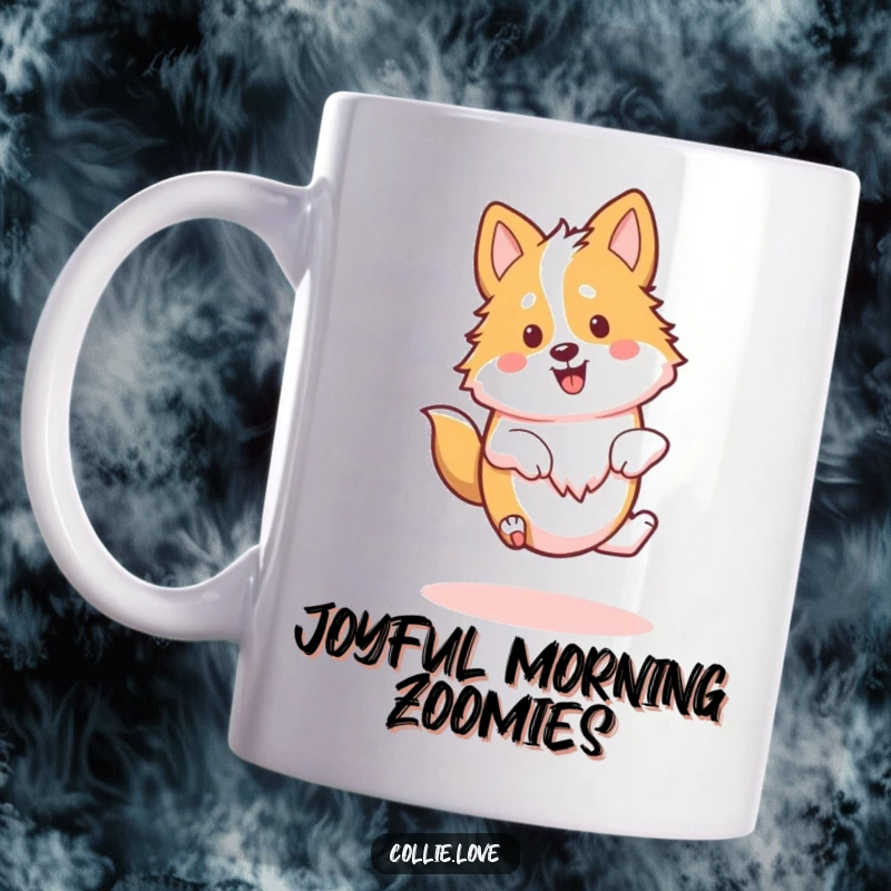 Funny Kawaii Collie Mug, a dog doing a happy spin with its tongue out, looking ecstatic.