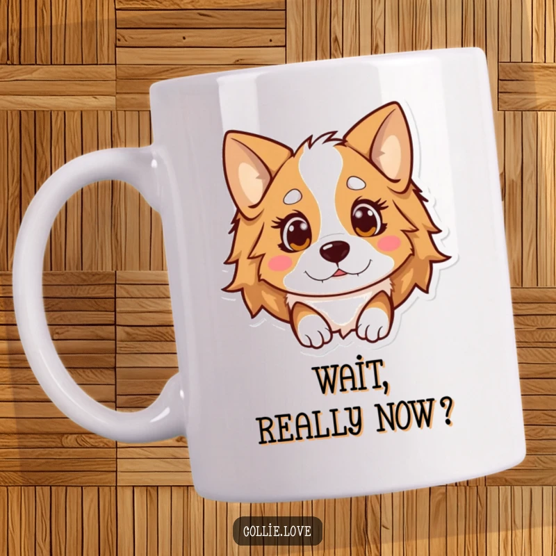 Funny Kawaii Collie Mug, a surprised dog with ears flopped over, eyes wide open in shock.