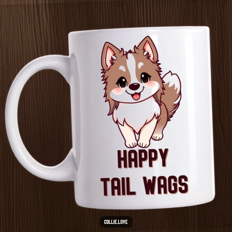 Funny Collie mug with ears perked, tail wagging furiously, and a huge happy smile, capturing pure canine joy, perfect funny gift.