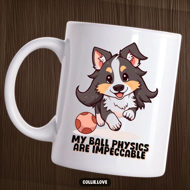 Funny Kawaii Collie mug with floppy ears enthusiastically chasing a bouncing ball, showcasing playful energy and adorable charm.