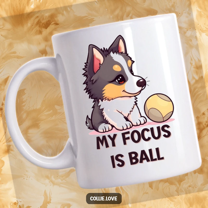 Funny Collie puppy mug, head tilted in intense concentration, watching a red bouncing ball with adorable puppy eyes, perfect dog gift.