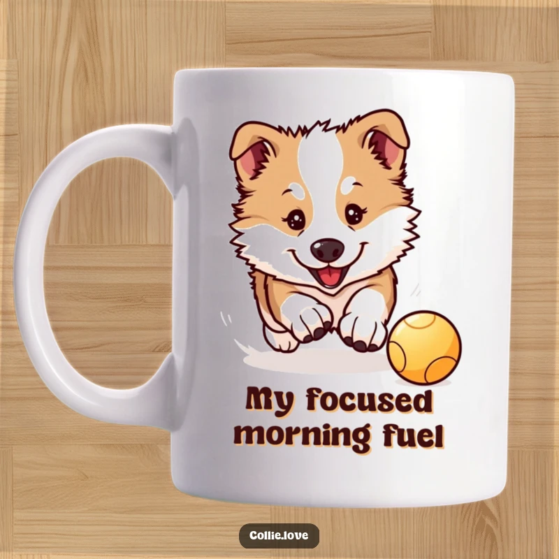 Funny Collie Puppy Mug: A cute Kawaii Collie puppy intensely focuses on chasing a bouncing ball.