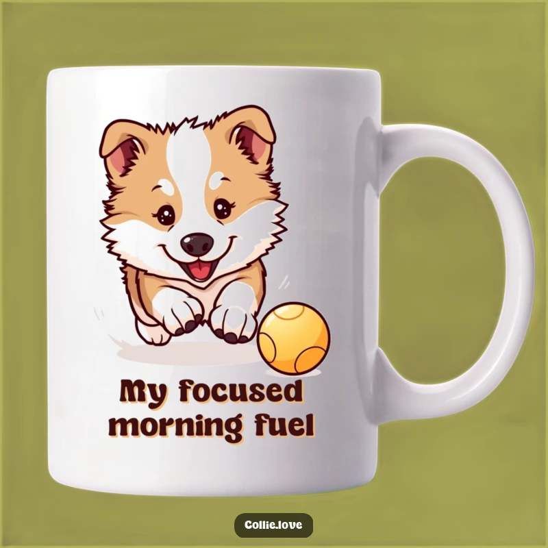 Funny Collie Puppy Mug: Kawaii Collie Chases Ball, Perfect Funny Gift