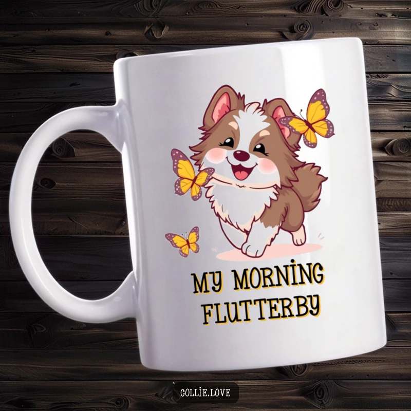 Funny Collie Dog Mug: A fluffy Collie joyfully chases a vibrant butterfly, embodying pure bliss and playful energy.