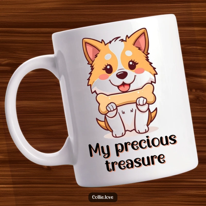 Funny Kawaii Collie Mug, a proud dog holding its favorite bone with a happy smile, perfect for dog lovers.