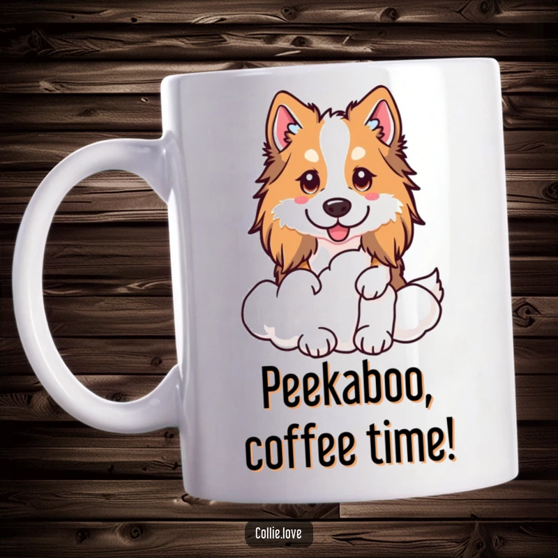 Funny Kawaii Collie Mug, a dog peeking out from behind a soft, fluffy white cloud.