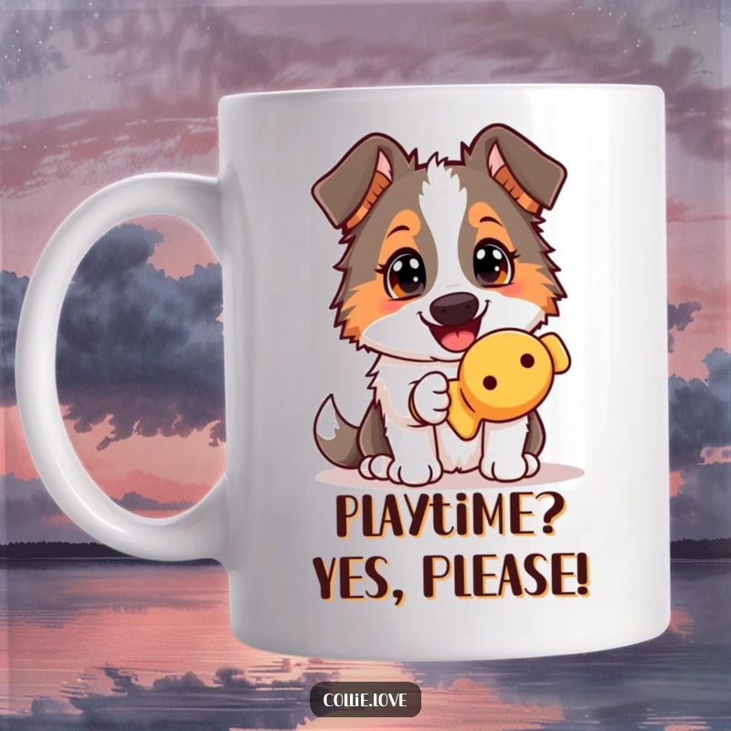 Funny Collie dog mug, offering a squeaky toy with an eager gaze, embodying pure happiness and a desire to play.