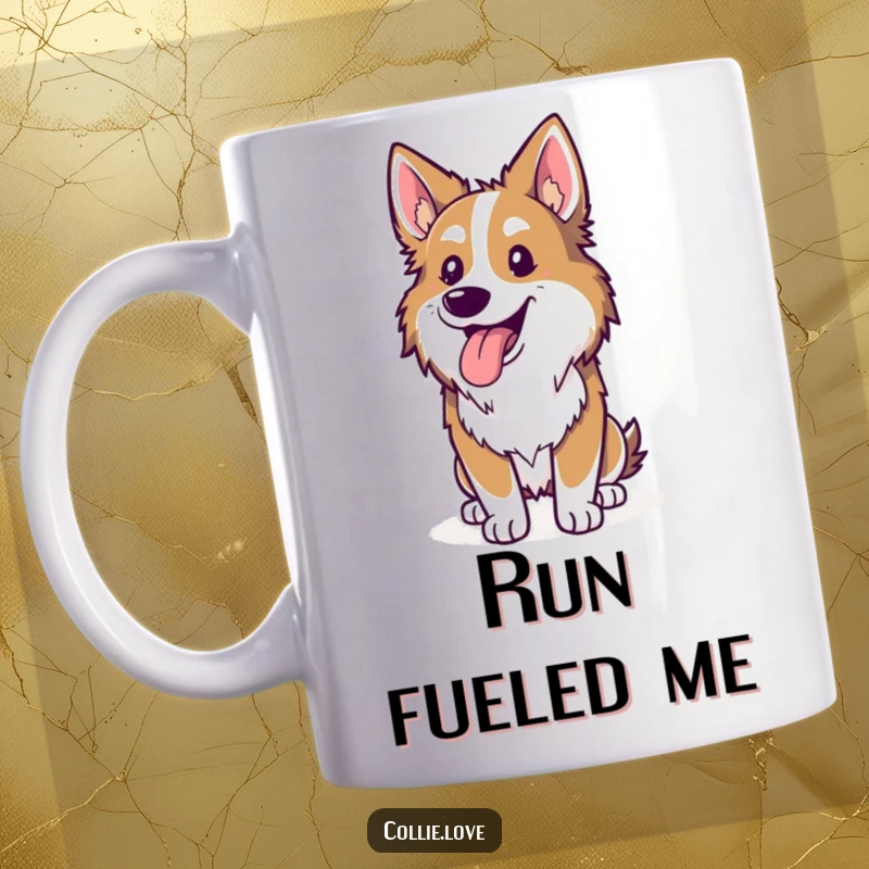 Funny Collie mug, tongue lolling out, happily panting after a run, capturing hilarious post-exercise joy, perfect funny gift.