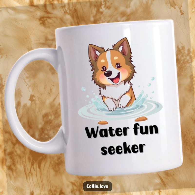 Funny Collie dog mug, happily splashing in a shallow stream with pure delight, embodying a carefree and joyful spirit.