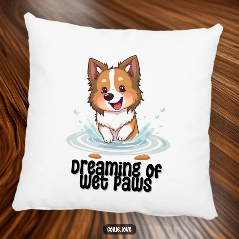 Funny Collie dog pillow, happily splashing in a shallow stream with delight, soft, cuddly, and radiating pure water joy.