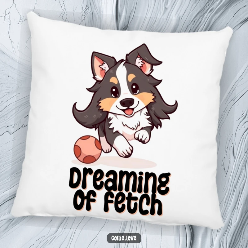 Funny Kawaii Collie pillow featuring a plush depiction of a floppy-eared dog joyfully pursuing a bouncy ball, perfect for soft décor.