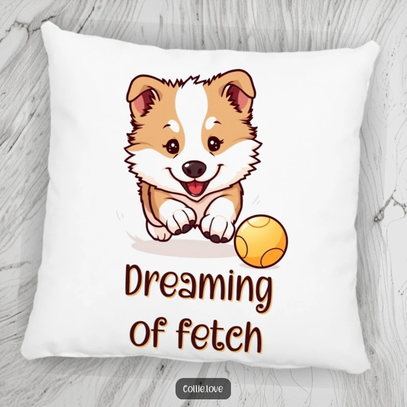 Funny Collie Puppy Pillow: A Kawaii Collie puppy intensely chases a bouncing ball, offering comfort and cheer.