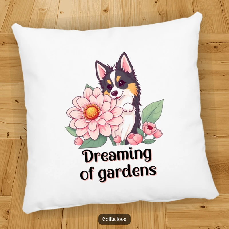 Funny Collie flower peek pillow with a dog hiding behind a large flower. Soft and humorous funny gift.
