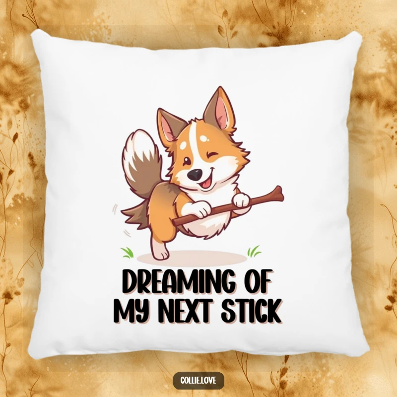 Funny Collie dog pillow, tail wagging, holding a stick, soft and cuddly, radiating playful dog energy and joy.