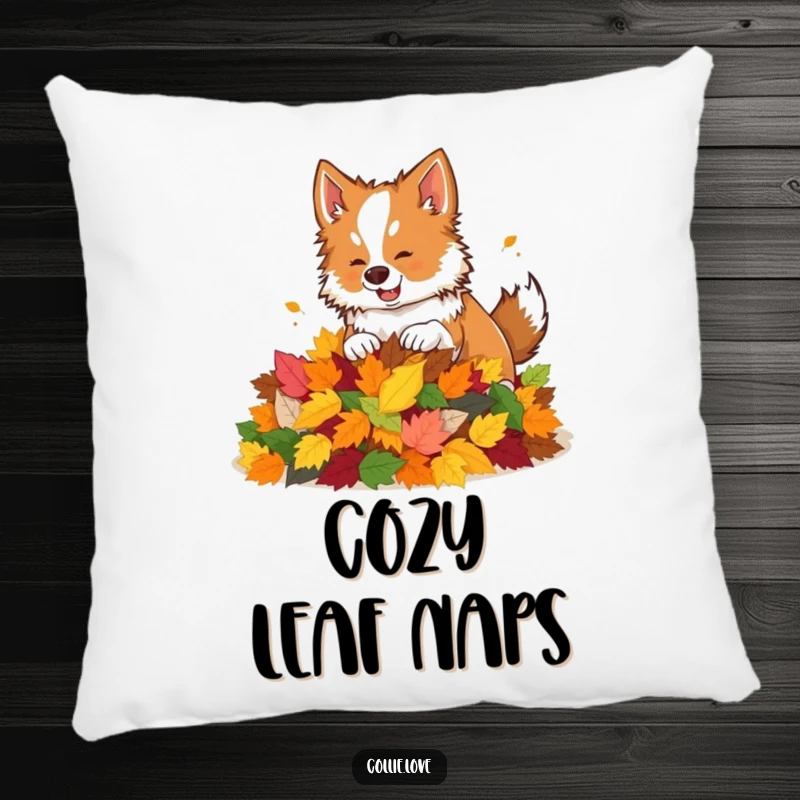 Funny pillow featuring a Collie dog playfully nudging a pile of colorful autumn leaves.