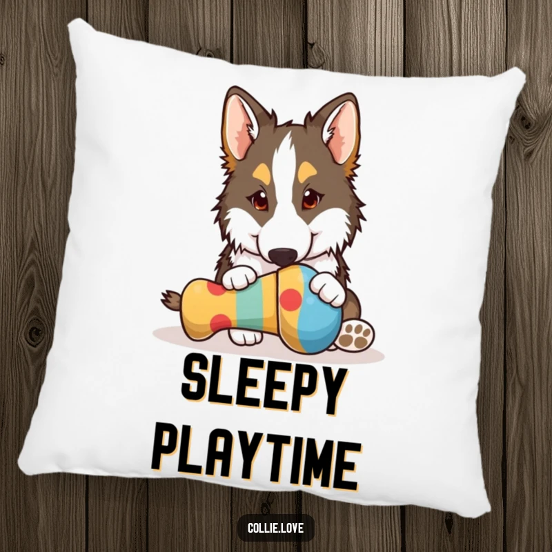 Funny Collie pillow, playfully nudging a colorful dog toy with its nose, a cozy and hilarious dog accent, perfect funny gift.