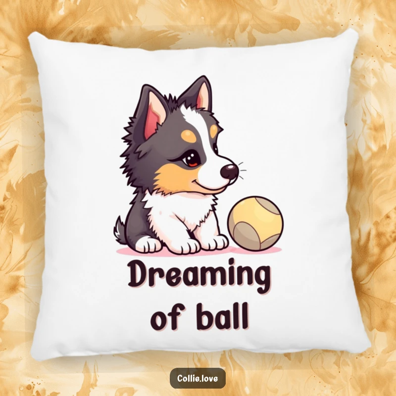 Funny Collie puppy pillow, head tilted, eyes glued to a ball, a humorous depiction of puppy intensity, perfect cozy funny gift.