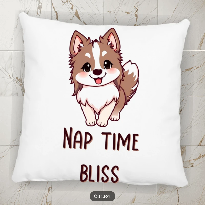 Funny Collie pillow, ears perked, tail wagging with pure joy, and a happy smile, a cozy and hilarious dog accent, perfect funny gift.