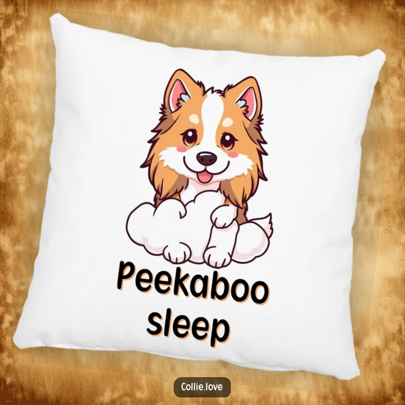 Funny Kawaii Collie Pillow, a dog peeking from behind a cloud, perfect for sofas and beds.