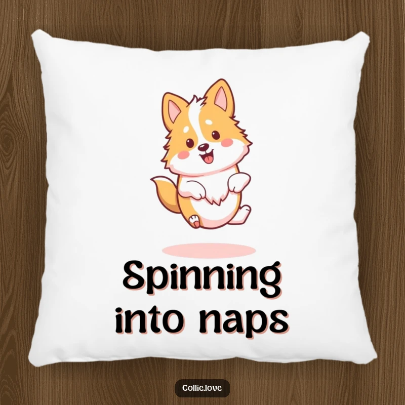 Funny Kawaii Collie Pillow, a dog doing a happy spin, perfect for sofas and beds.