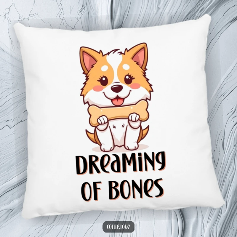 Funny Kawaii Collie Pillow, a proud doggy holding a bone, perfect for adding comfort and humor to any room.