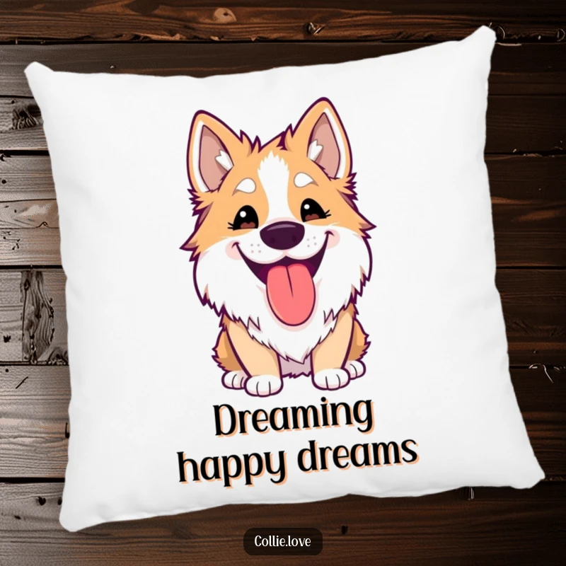 Funny Kawaii Collie Pillow featuring a cute dog’s silly grin and lolling tongue, offering comfort and humor.