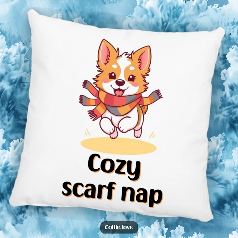 Funny Kawaii Collie pillow showing a cute dog wearing a colorful scarf, running joyfully, soft and huggable.
