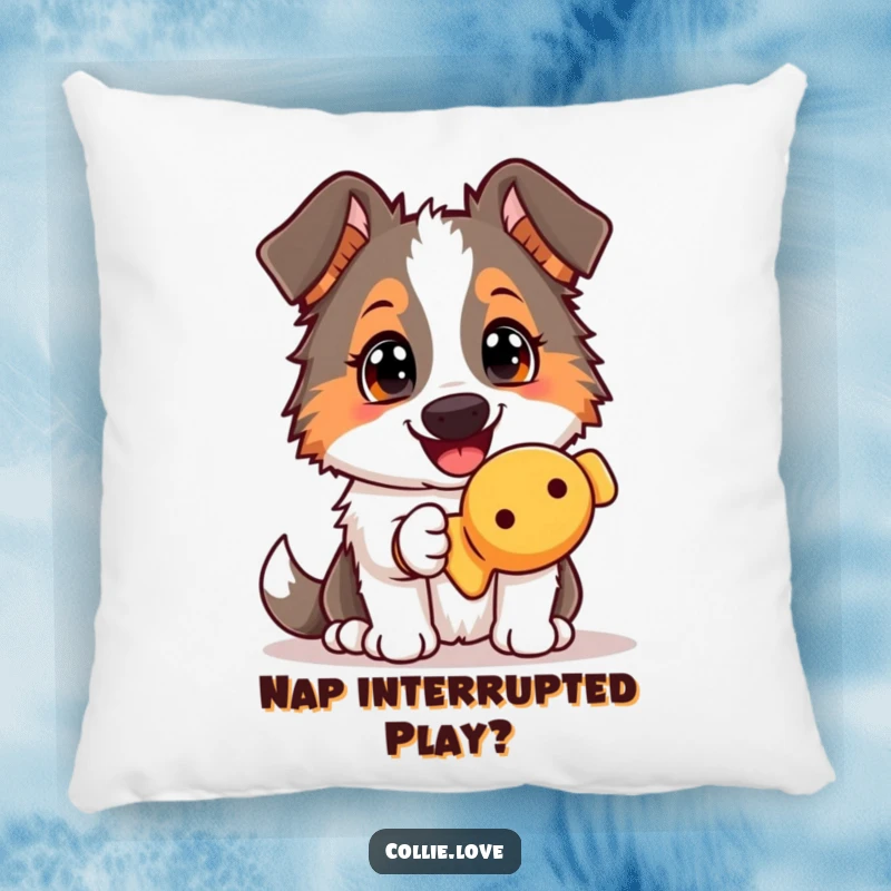Funny Collie dog pillow, offering a squeaky toy with an eager gaze, soft, cuddly, and radiating pure doggy delight.
