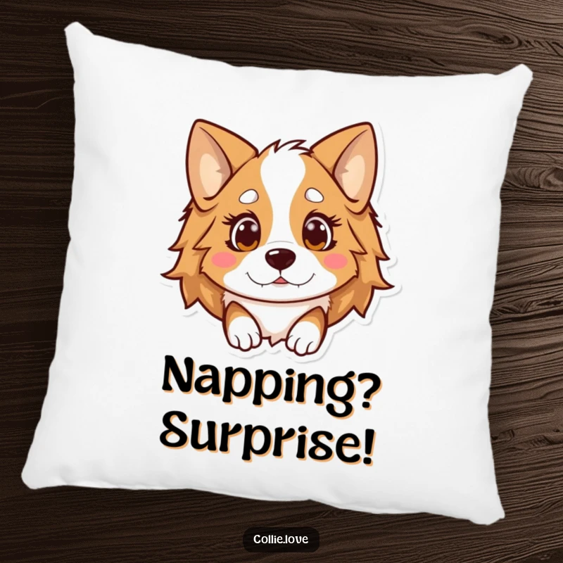Funny Kawaii Collie Pillow, a cute dog with ears flopped looking surprised, great for sofas.