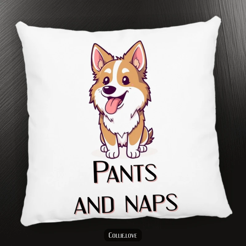 Funny Collie pillow, tongue lolling out, happily panting after a run, a cozy and hilarious dog accent, perfect funny gift.