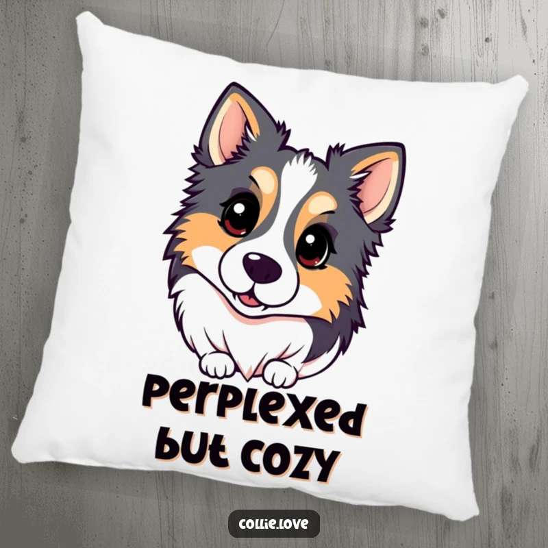 Funny Kawaii Collie Pillow with a cute dog head tilted inquisitively, offering comfort and a humorous touch.