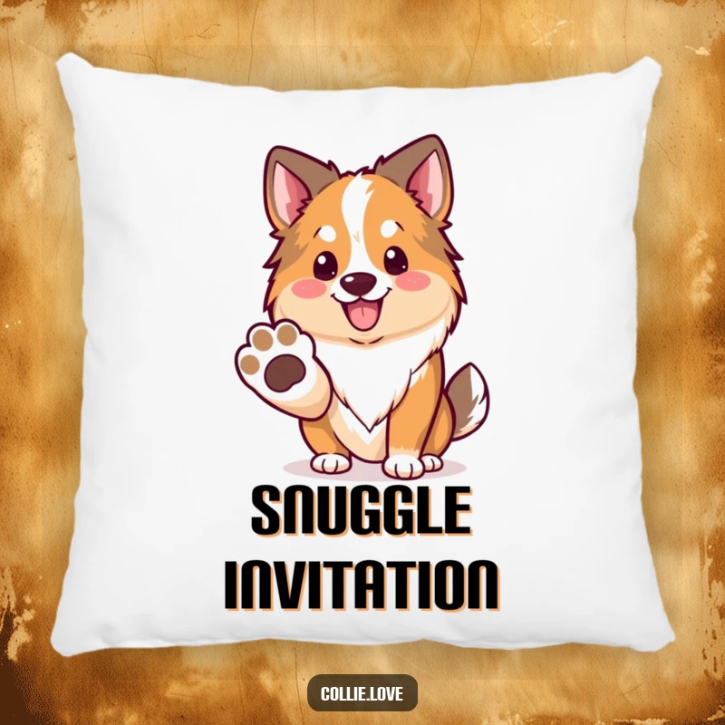 Funny Kawaii Collie Pillow, a dog offering its paw with a smile, perfect for sofas and beds.