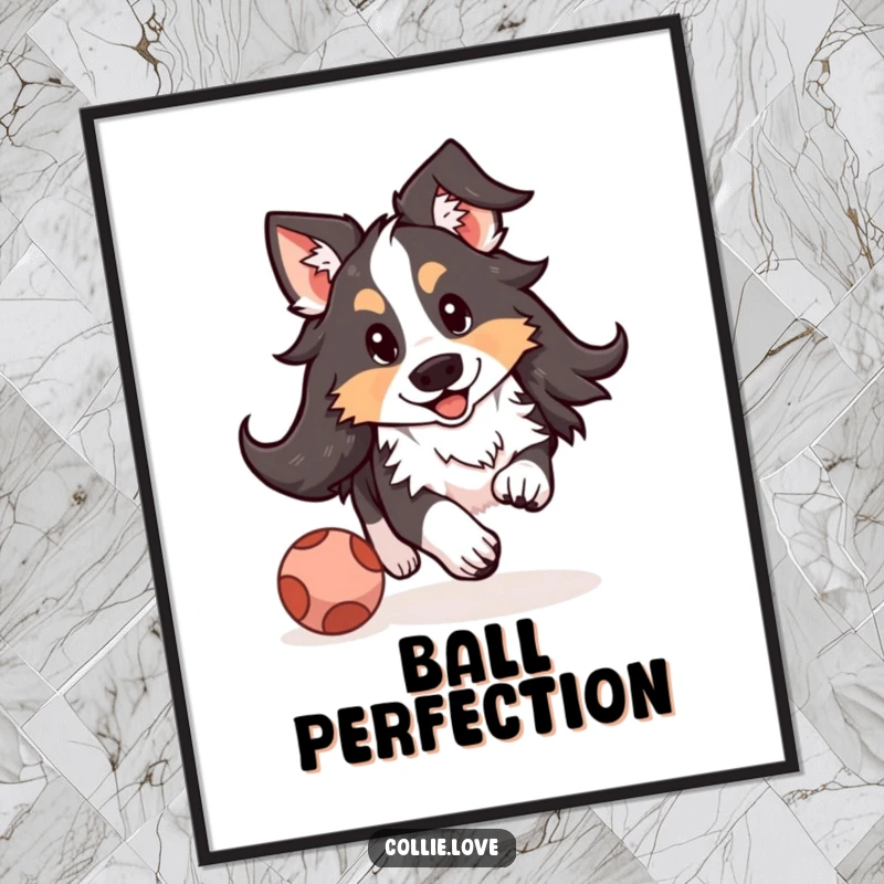 Funny Kawaii Collie digital art print of a floppy-eared dog enthusiastically chasing a bouncing ball, adding cheerful decor.