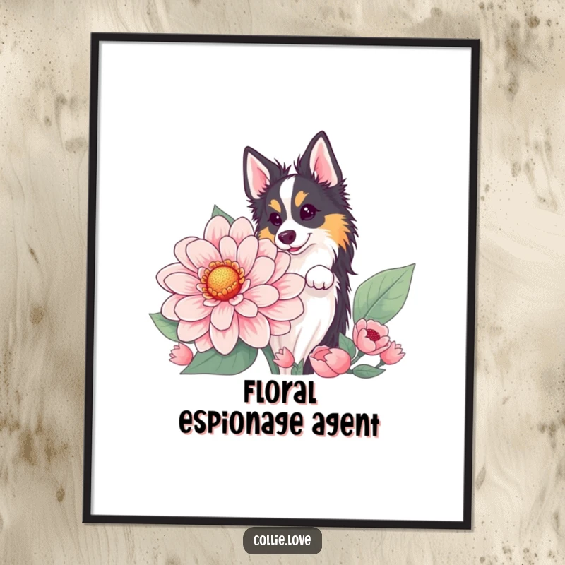 Funny Collie flower peek digital art print, showing a dog peeking from behind a large flower. Instant funny gift.