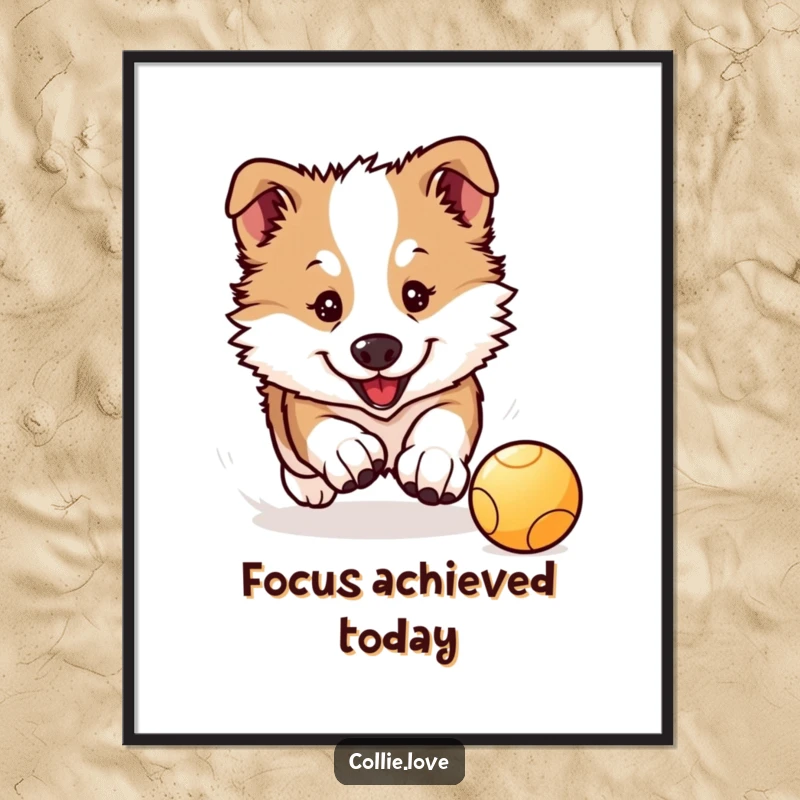 Funny Collie Puppy Digital Art Print: A cute Kawaii Collie puppy intensely chases a bouncing ball, ready for printing.