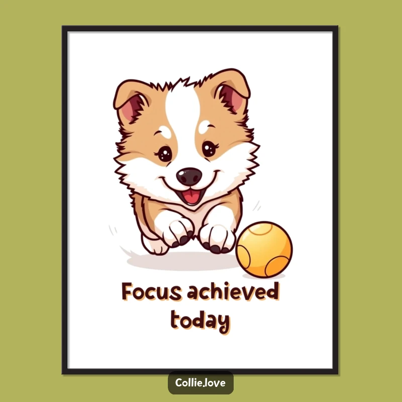 Funny Collie Puppy Digital Art: Kawaii Collie Chases Ball, Instant Download