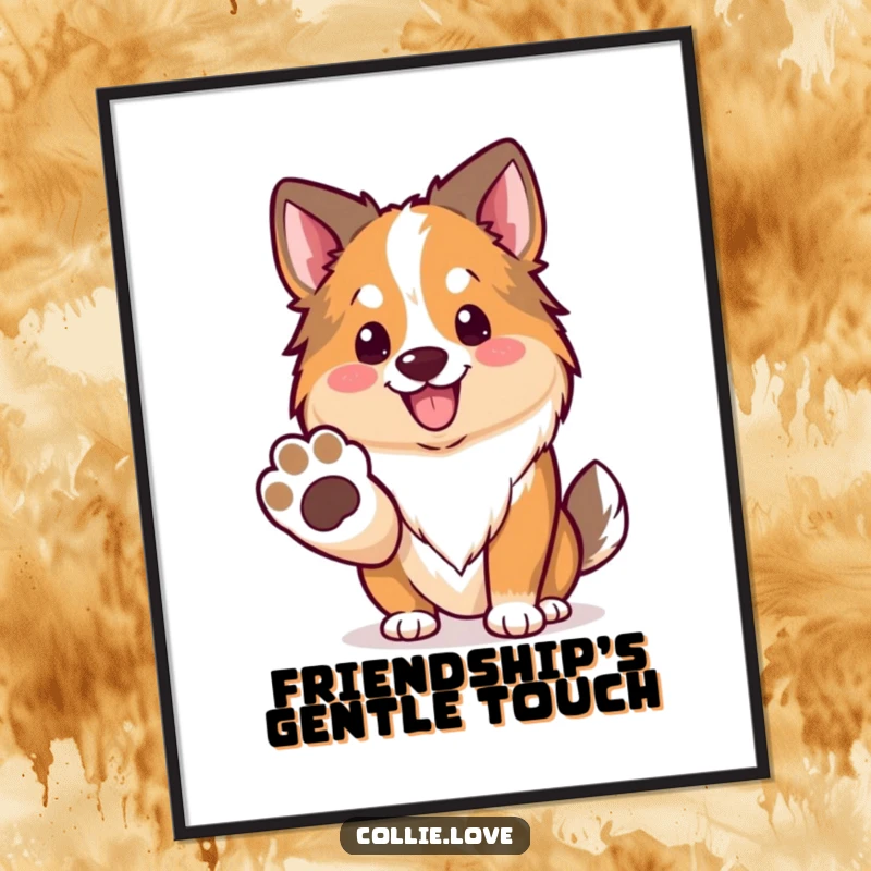 Funny Kawaii Collie Digital Art Print, a dog offering its paw with a smile, downloadable wall art.