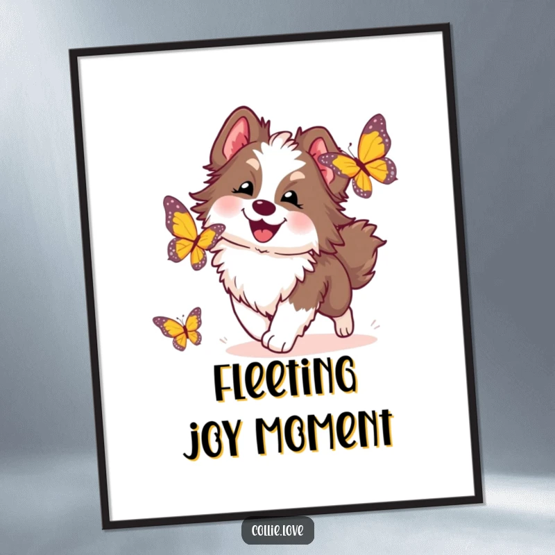 Funny Collie Dog Art Print: A fluffy Collie's ecstatic chase after a vibrant butterfly, a humorous and joyful digital artwork.