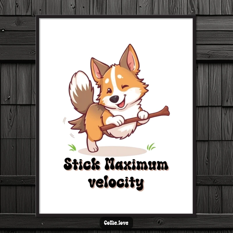 Funny Collie dog digital art print, tail wagging furiously, fetching a stick, vibrant and full of playful dog emotion.