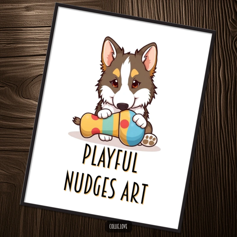 Funny Collie digital art print, playfully nudging a bright dog toy with its nose, a hilarious artwork of canine engagement, perfect funny gift.