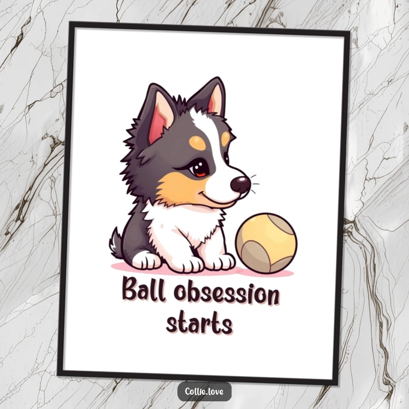 Funny Collie puppy digital art print, head tilted, comically focused on a ball, a hilarious artistic representation of doggy concentration, perfect funny gift.