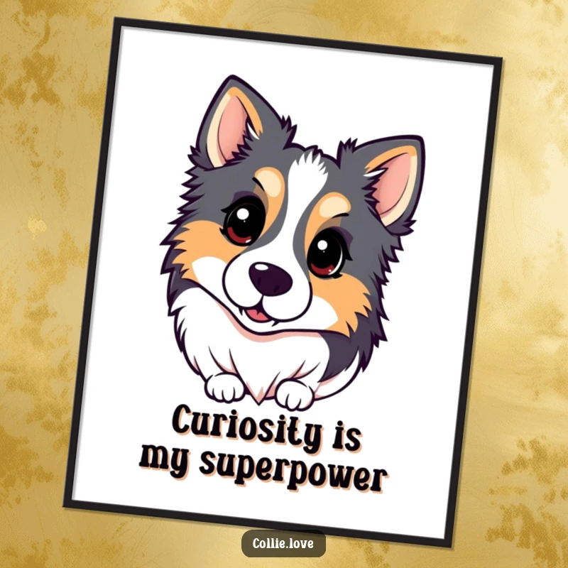 Funny Kawaii Collie Digital Art Print of a dog tilting its head inquisitively, offering instant humor and charm.