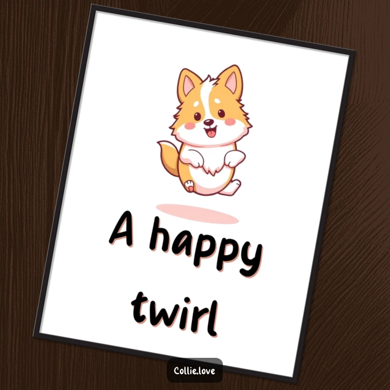 Funny Kawaii Collie Digital Art Print, a dog doing a happy spin, downloadable wall art.