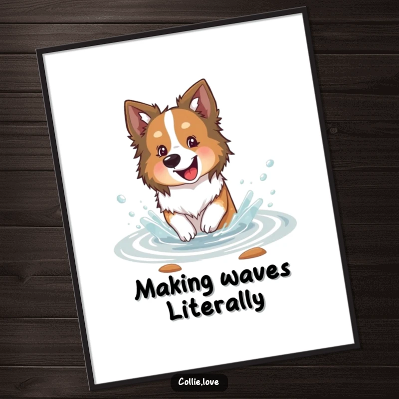 Funny Collie dog digital art print, happily splashing in a shallow stream with delight, vibrant and full of watery energy.
