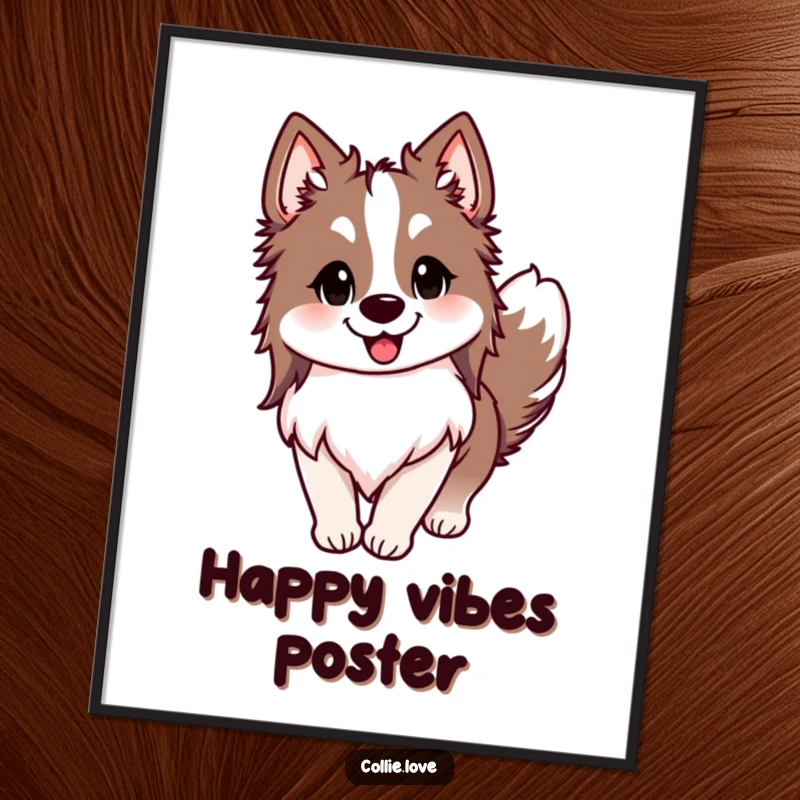 Funny Collie digital art print, ears perked, tail wagging rapidly, and a huge smile, a hilarious artwork capturing pure dog joy, perfect funny gift.