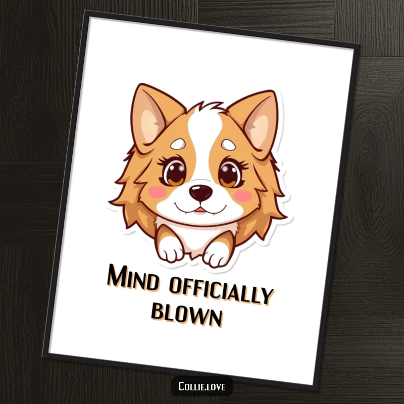 Funny Kawaii Collie Digital Art Print, a dog with ears down looking surprised, printable wall decor.