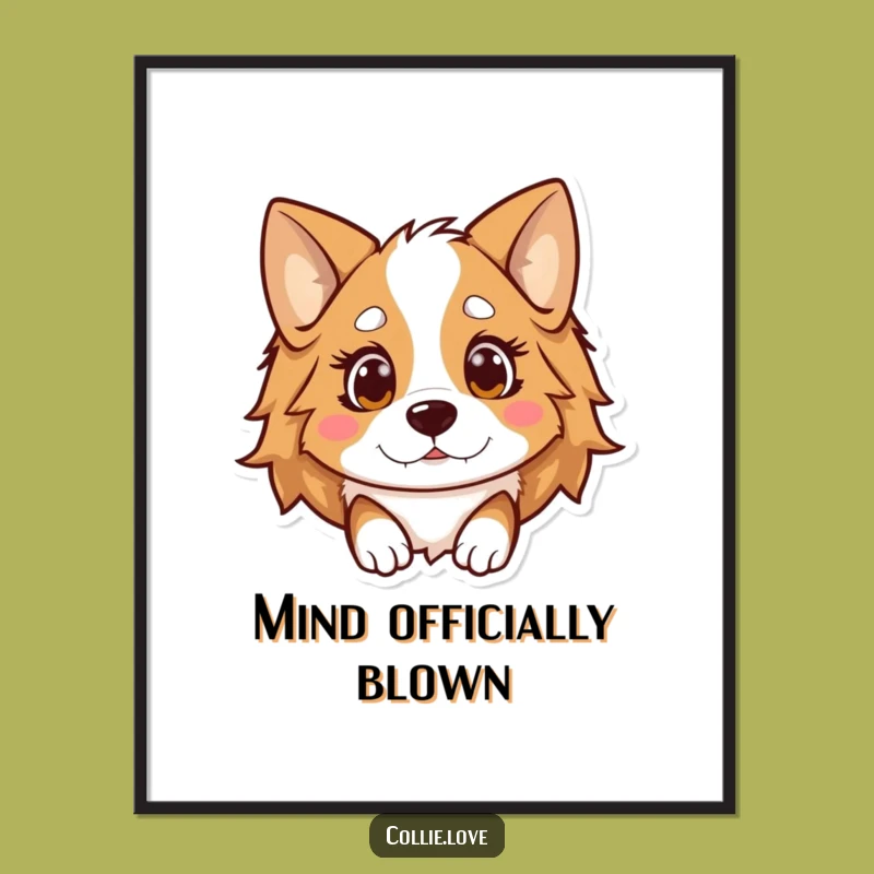 Funny Kawaii Collie Digital Art, Shocked Surprise Printable, Instant Collie Decor Gift