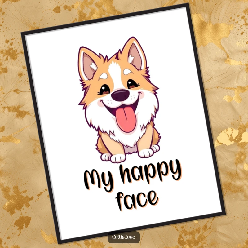 Funny Kawaii Collie Digital Art Print of a dog with a silly grin and lolling tongue, spreading joy instantly.